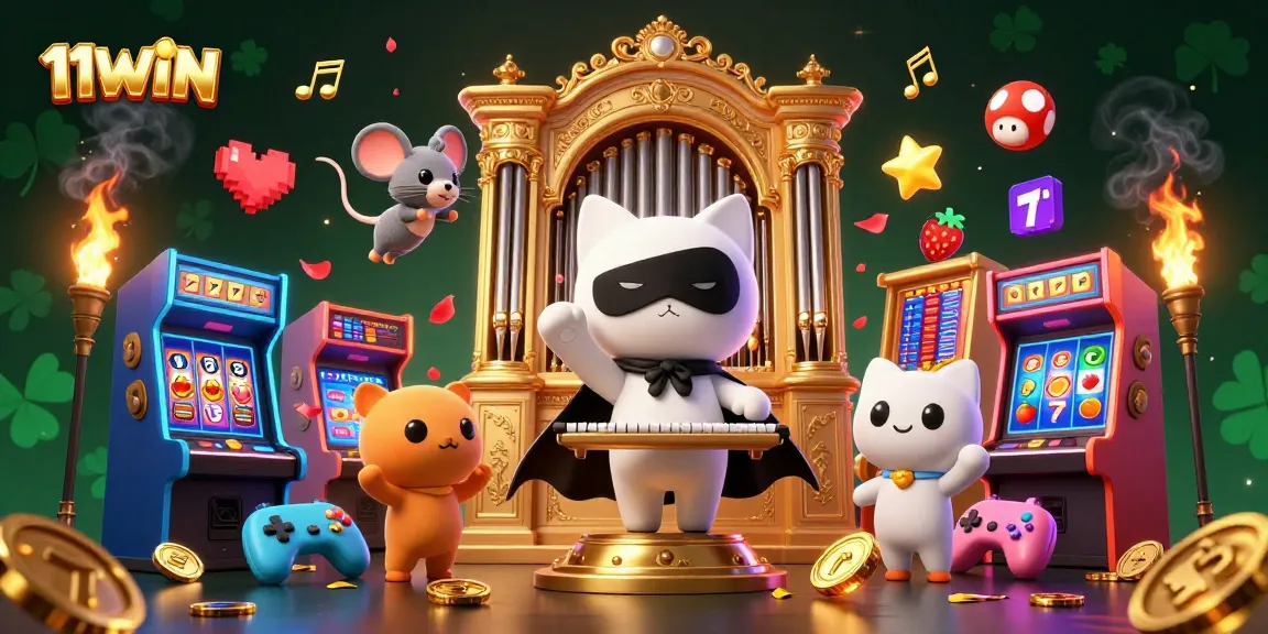 Engage with 11WIN at a dynamic casino scene featuring a phantom cat and acrobat in action.