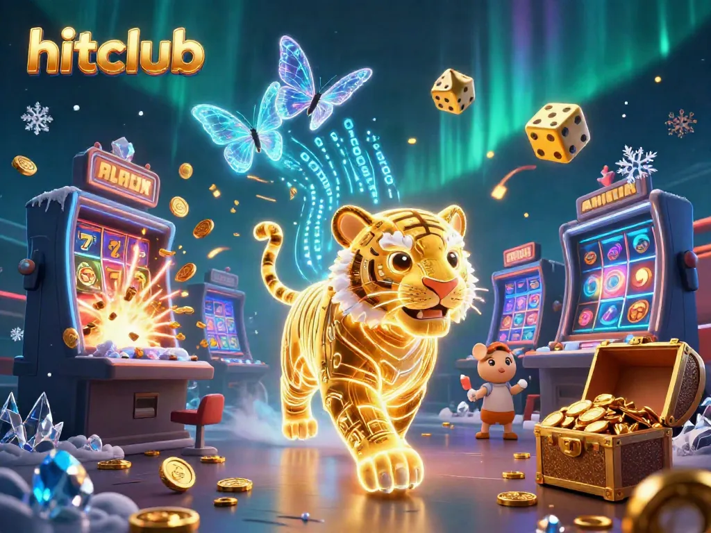 Engage with hitclub's vibrant game atmosphere showcasing a golden tiger and dynamic slot machine.