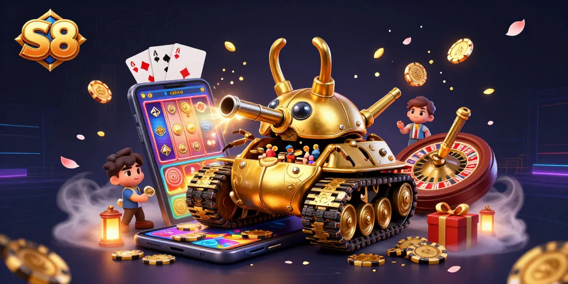 S8 engages players with a colorful slot game illustration featuring a golden beetle tank.
