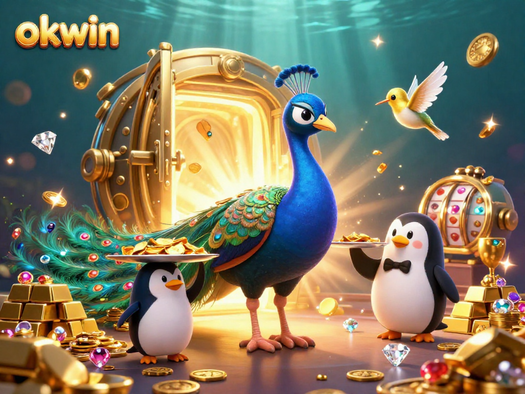 Experience the vibrant world of okwin as the peacock showcases dazzling gems and gold in an exciting casino scene.
