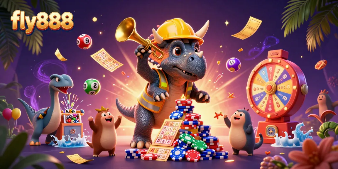 Experience the excitement with fly888 as triceratops celebrates a jackpot in a vibrant casino scene.