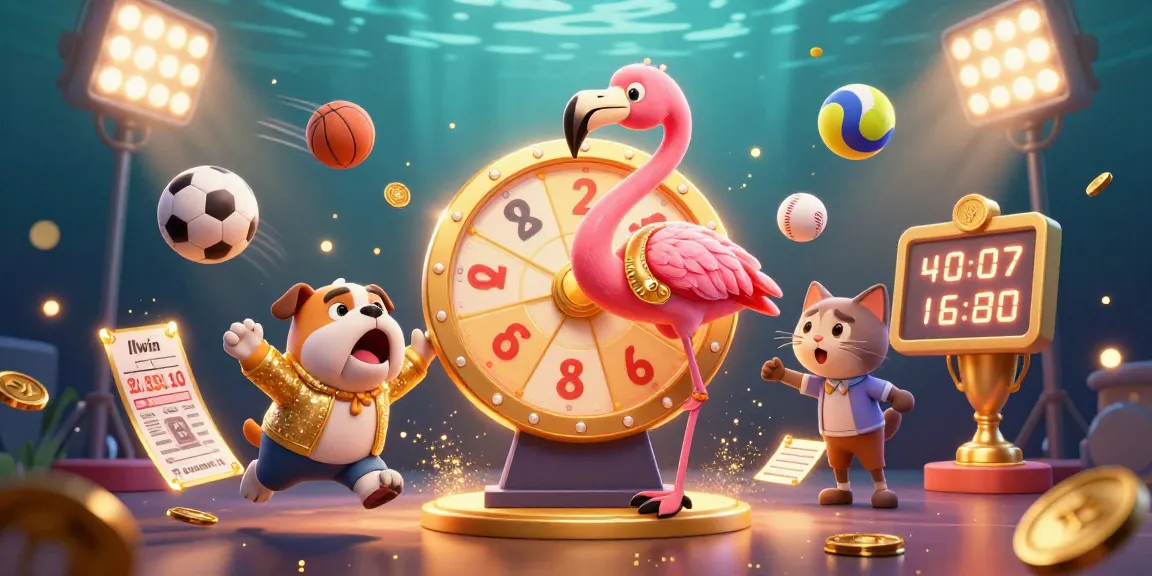 Engage with llwin in this thrilling gaming scene featuring a bright prize wheel and dynamic sports elements.