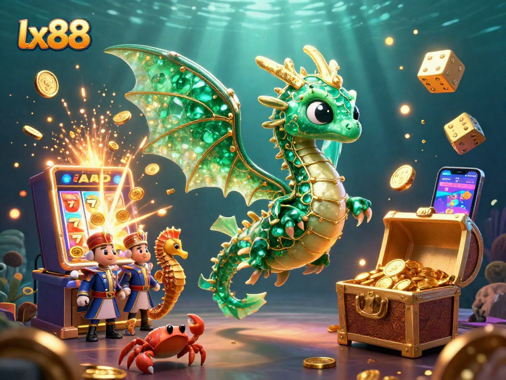 Experience exciting gameplay at lx88 with a dynamic illustration featuring a sea dragon and a jackpot explosion.