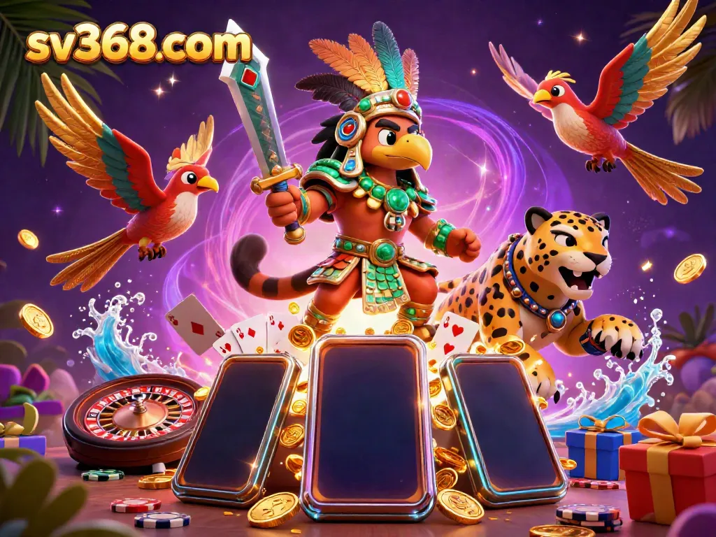 Experience thrilling action at sv368com with a dynamic Aztec-themed casino illustration full of games and energy.