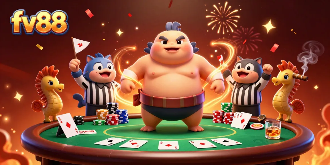 Experience the excitement of fv88 with a lively underwater poker scene featuring a cartoon blowfish and vibrant game elements.