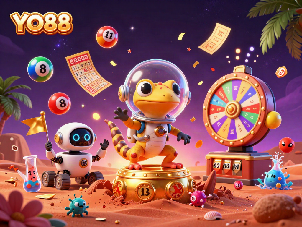 Experience excitement at YO88's golden casino adventure with fun lottery balls and vibrant game elements.