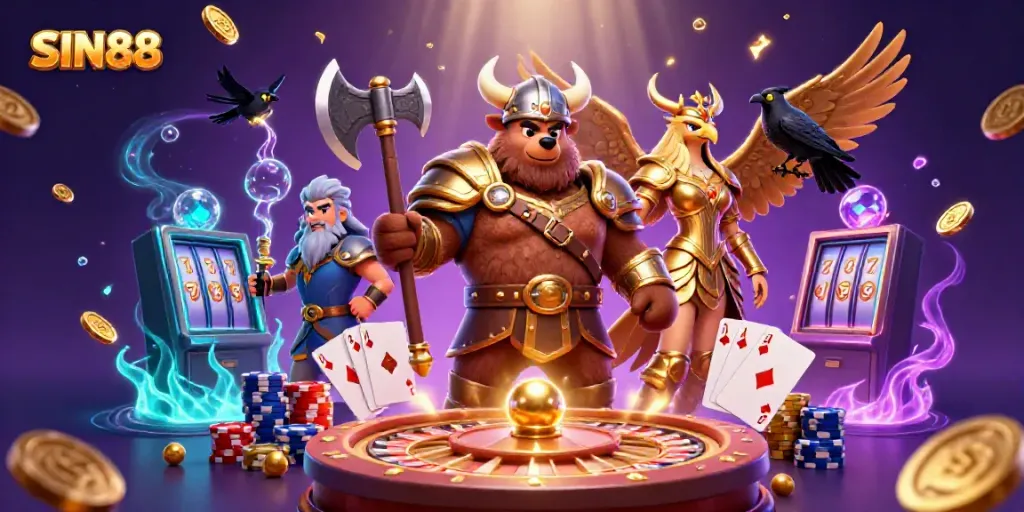 Engage in the excitement of SIN88 with a dynamic casino scene featuring vibrant characters and gameplay elements.
