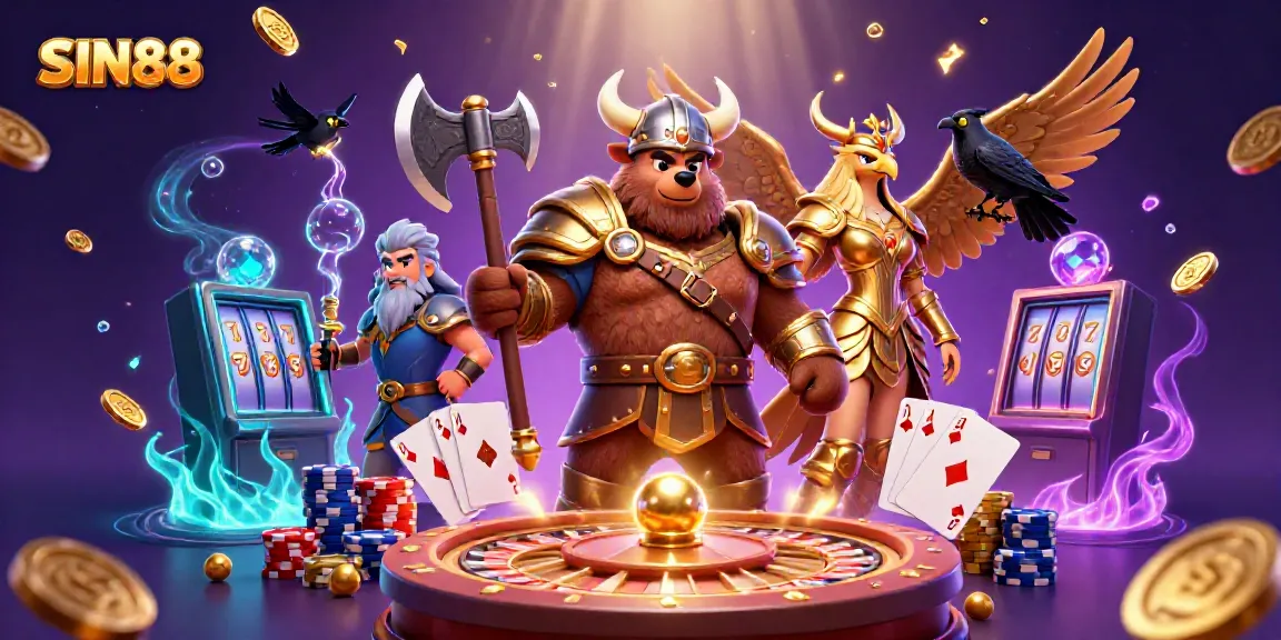 Engage in the excitement of SIN88 with a dynamic casino scene featuring vibrant characters and gameplay elements.