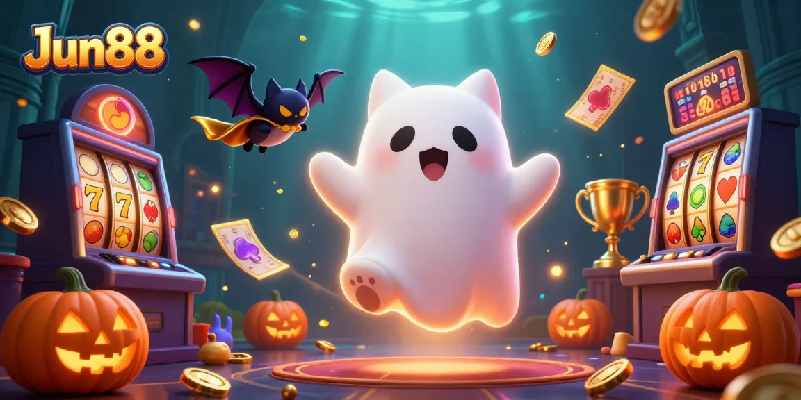 Win big with Jun88 in this vibrant casino scene featuring a ghost cat and lively elements.