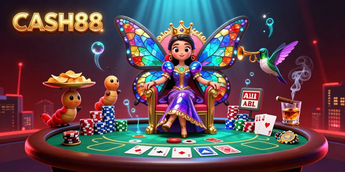 CASH88 players engaging in a vibrant casino scene with poker elements and a magical butterfly queen illustration.