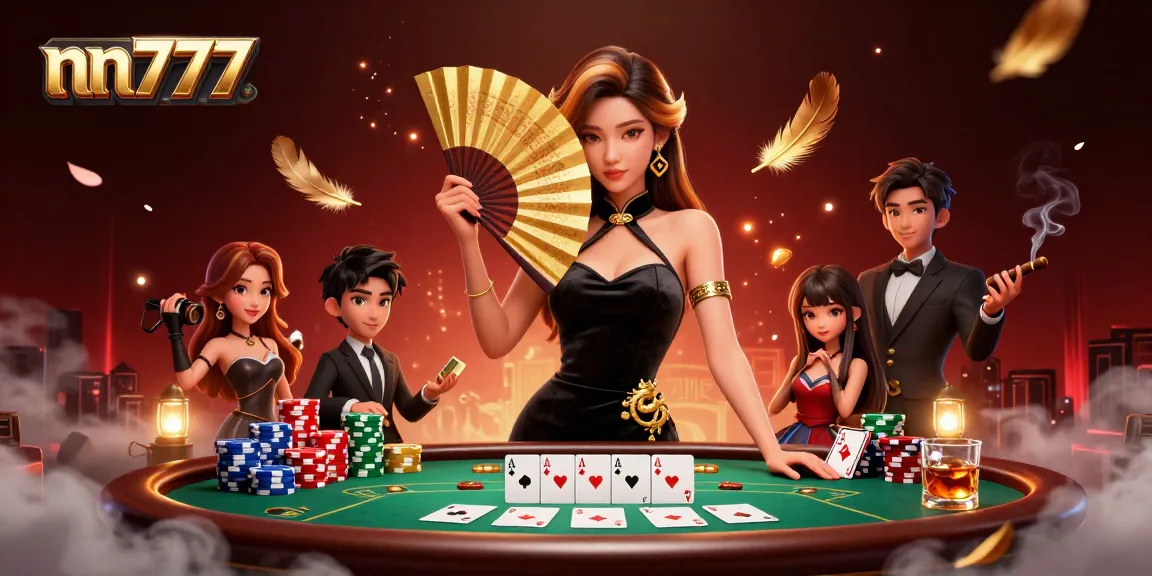 Engage in thrilling poker action with nn777 as vibrant casino elements complement a captivating Asian dealer scene.