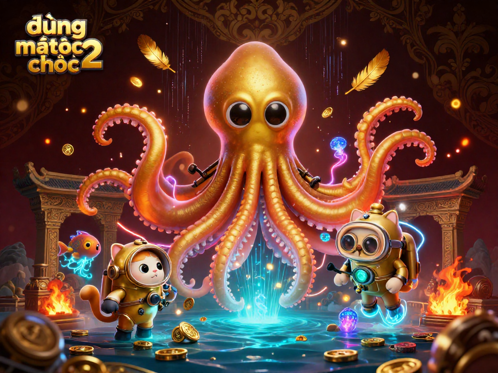 Engage with đường mạt chược 2 in a vibrant scene featuring a kraken, diving cat, and rich gold elements.