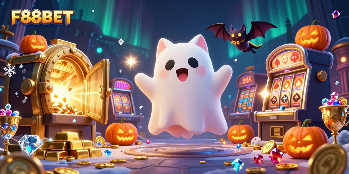 Experience the thrills of F88BET with an enchanting ghost cat and bat in a haunted casino setting.