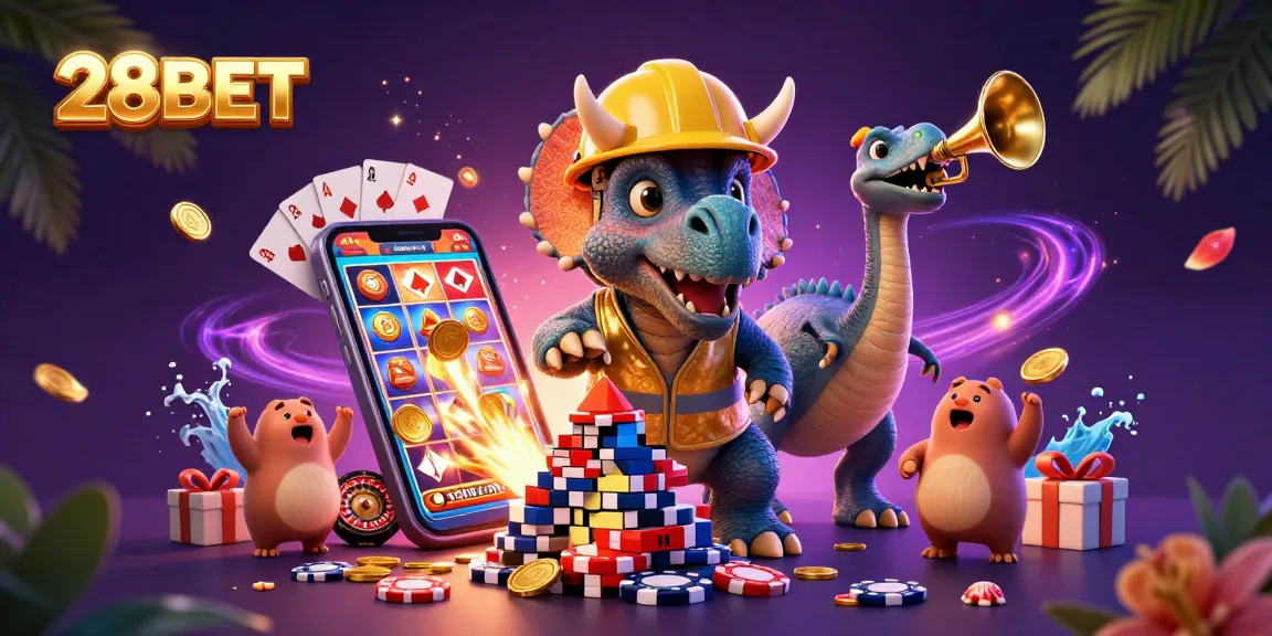 Join the excitement with 28BET as a triceratops celebrates with poker chips in this vibrant casino scene.
