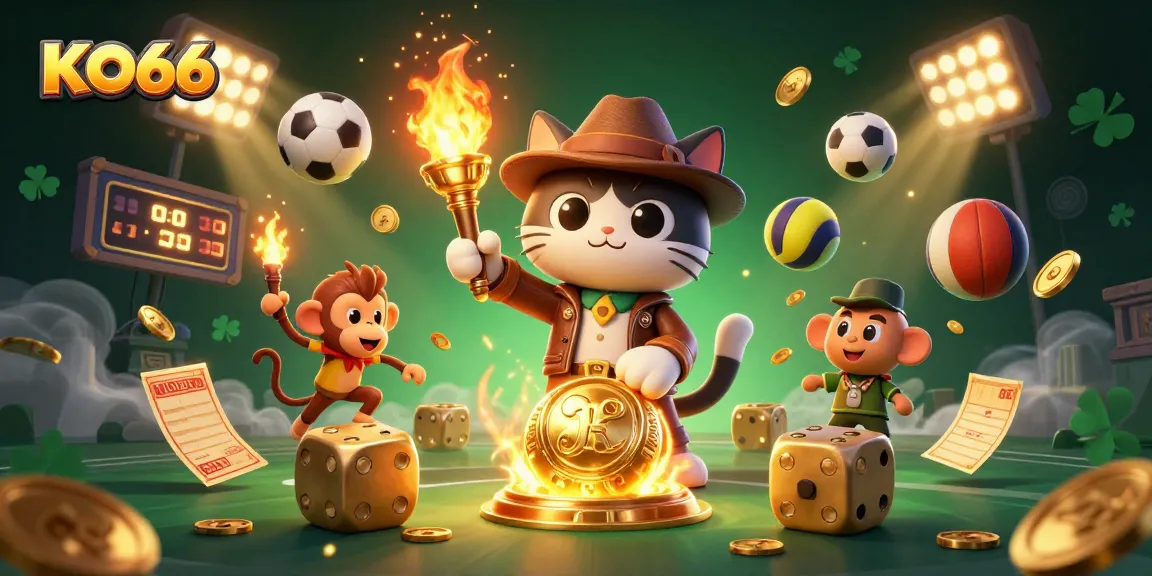 Experience thrilling gaming action at KO66 with a cat adventurer uncovering casino treasures alongside a monkey in a vibrant 3D illustration.