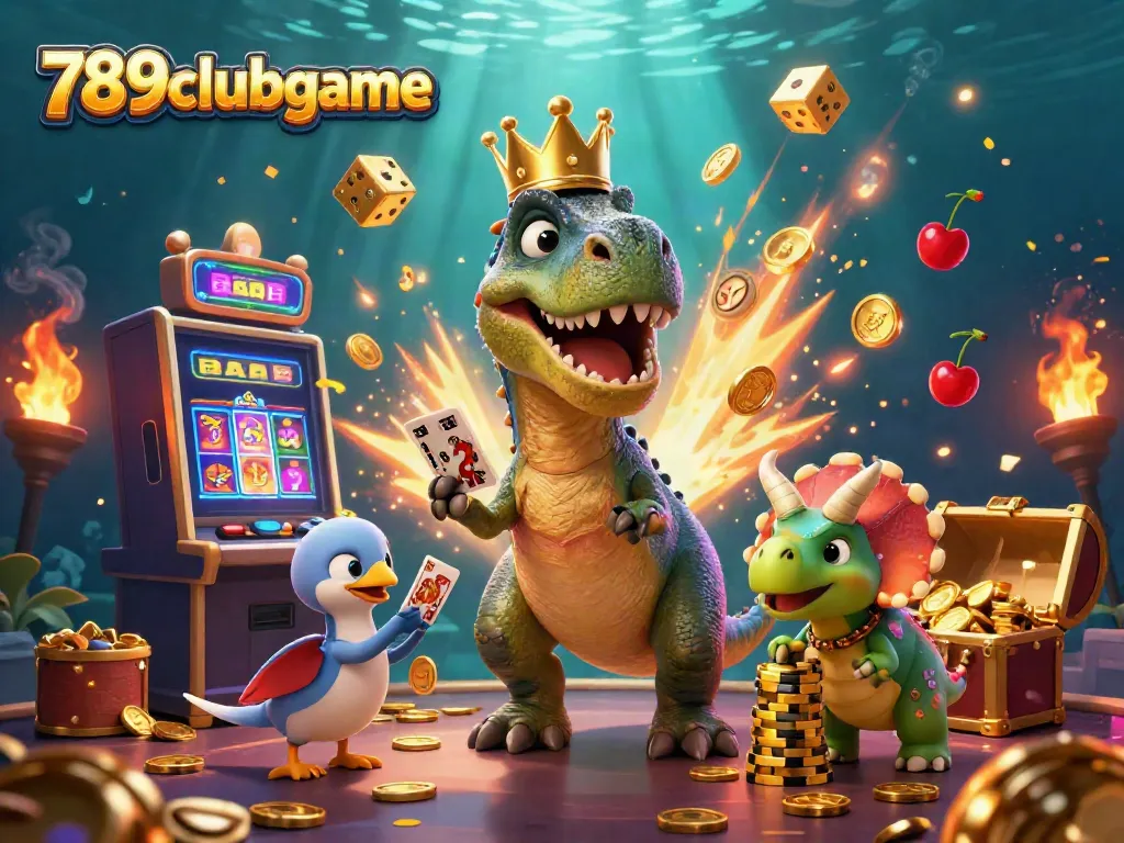 Witness the vibrant 789clubgame scene where a T-Rex shuffles cards with quirky assistance amidst a jackpot explosion.