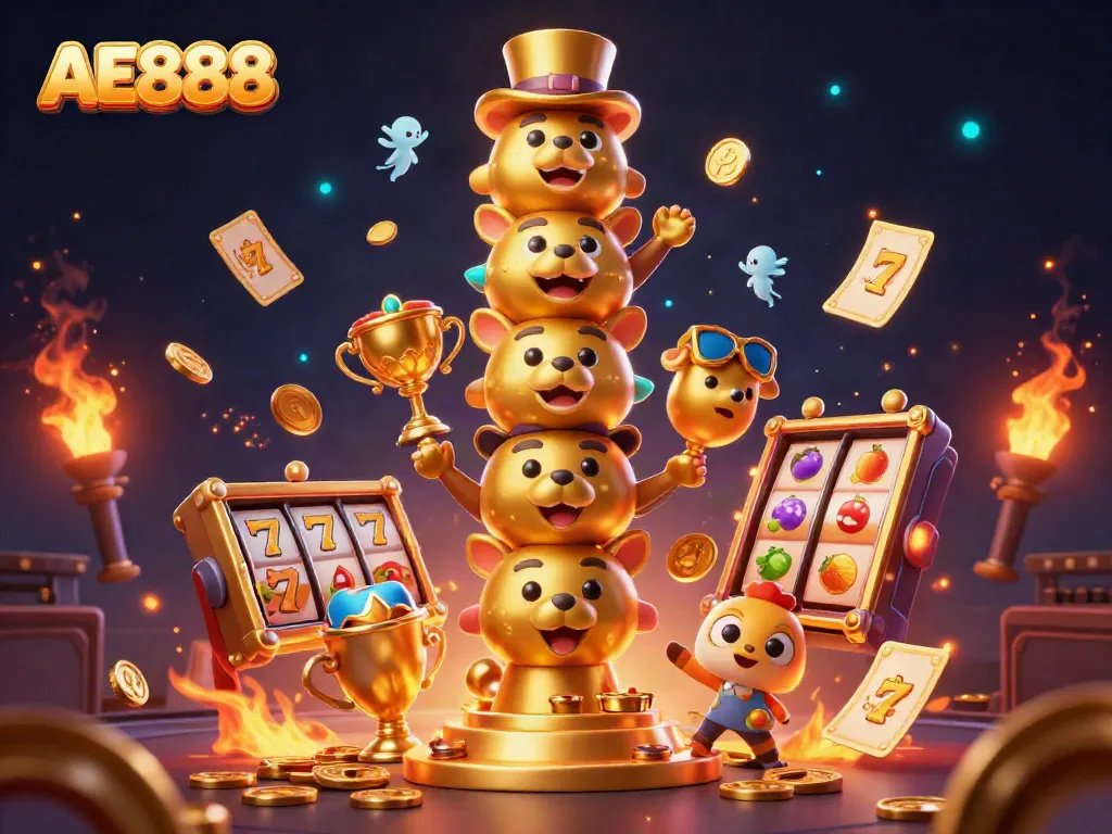 Engage in exhilarating gameplay at AE888 casino featuring vibrant slot reels and a mystical totem.