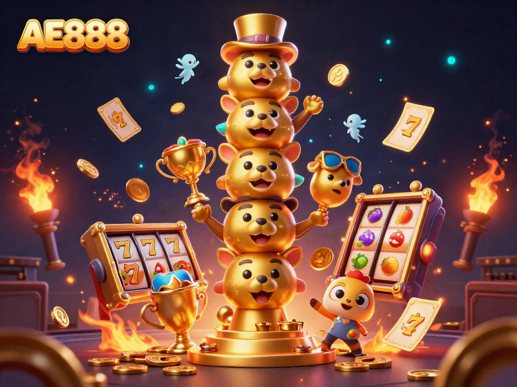 Engage in exhilarating gameplay at AE888 casino featuring vibrant slot reels and a mystical totem.