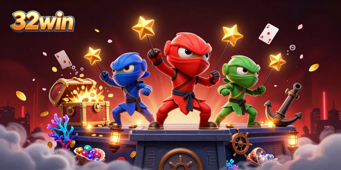32win showcases exciting casino action with ninja chameleons among gold coins and vibrant game elements.