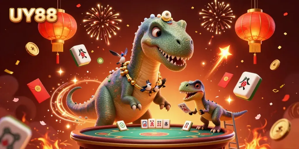 Experience UY88's vibrant casino atmosphere with dinosaurs, games, and festivities.
