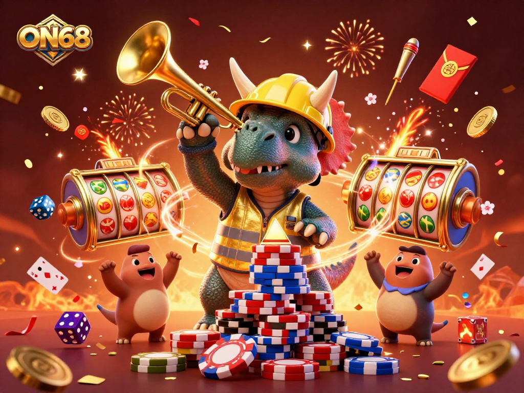 Experience the excitement of ON68 with a 3D triceratops building poker chip pyramids amidst festive casino elements.