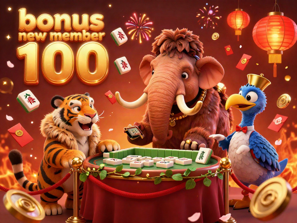 Experience the excitement of "bonus new member 100" with a vibrant 3D casino illustration featuring dynamic characters and casino elements.