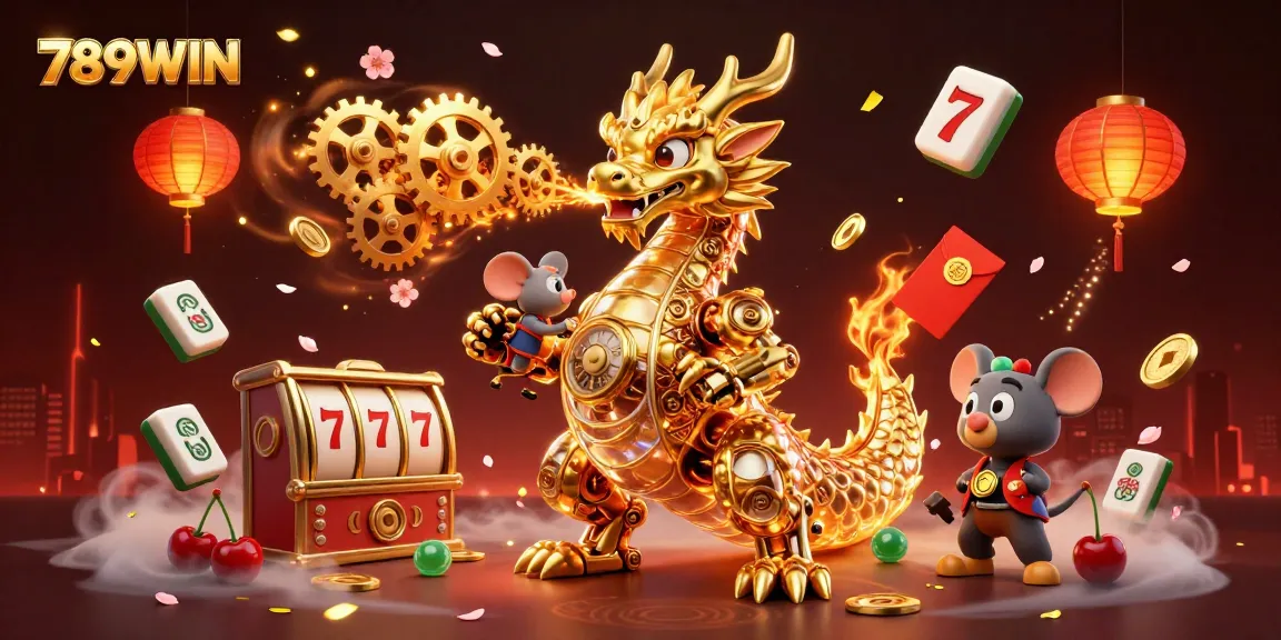 Experience thrilling wins with 789WIN's charming 3D casino elements including golden dragons and slot reels.