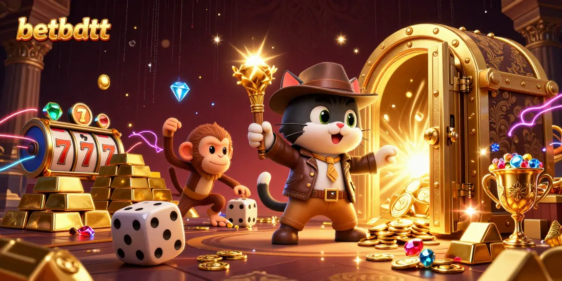 Experience exciting wins at betbdtt with a dynamic casino adventure illustration featuring treasures and game symbols.