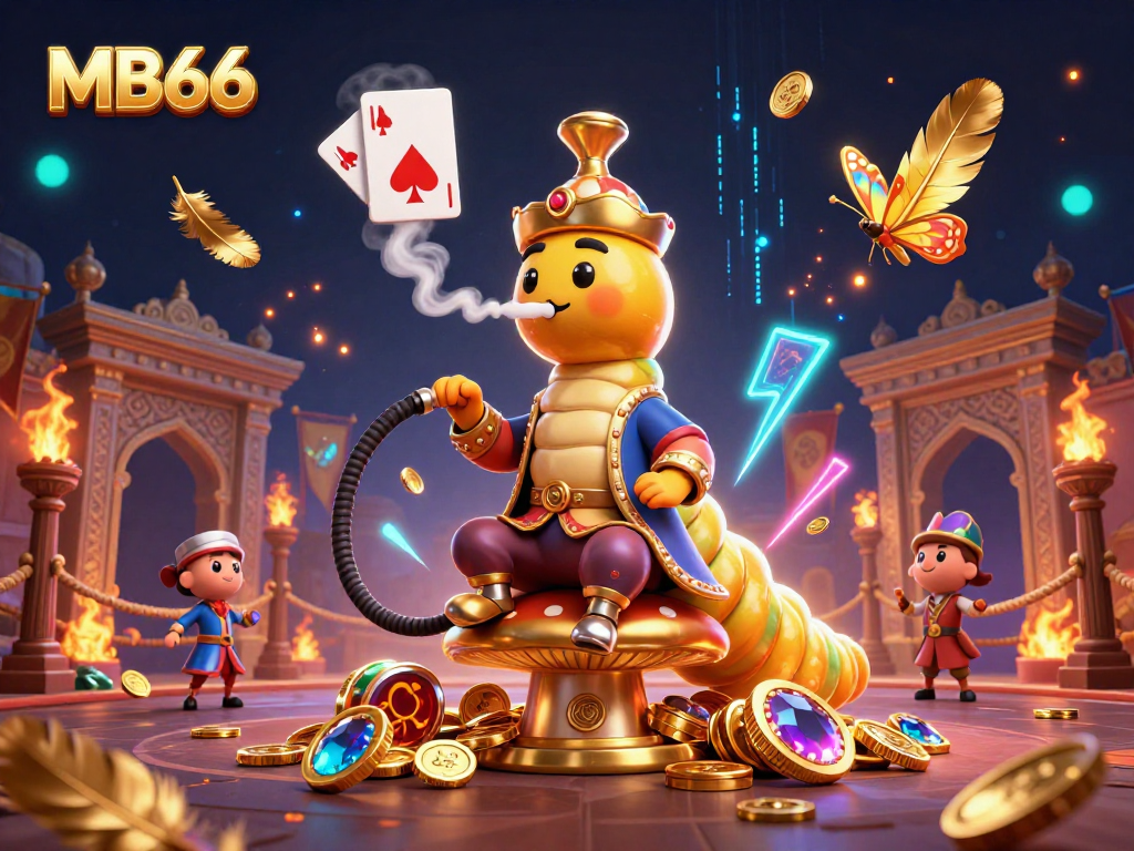 Experience the excitement of MB66 with a vibrant 3D casino illustration featuring a hookah-master among gold coins.
