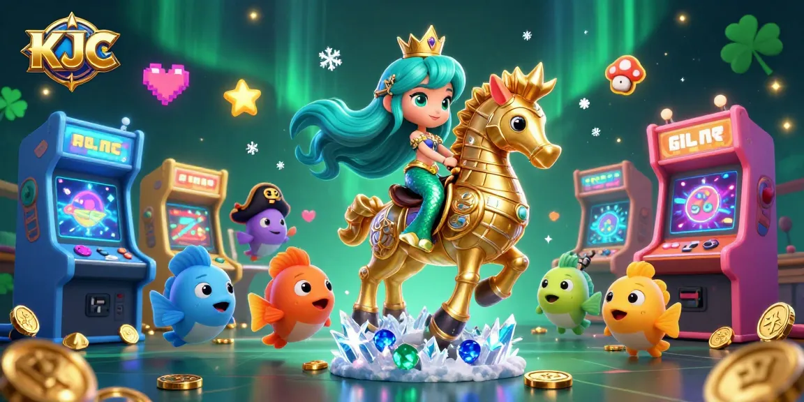 KJC showcases a vibrant 3D casino-themed scene featuring a mermaid princess amid colorful game elements and seahorse allies.