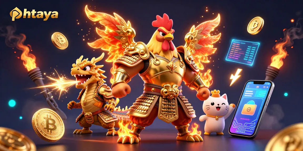Engage with phtaya's exciting gaming scene featuring a rooster warrior and dragon hatchling in an electrifying illustration.