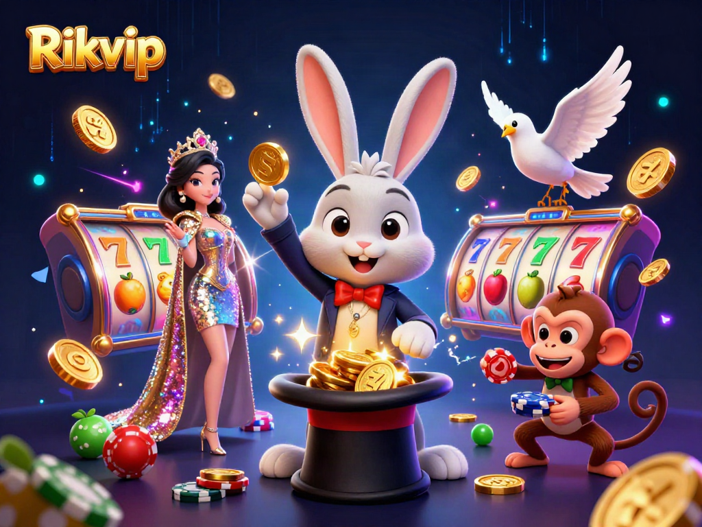 Experience the magic of Rikvip with a rabbit pulling coins, a dove, and a monkey amidst spinning slots.