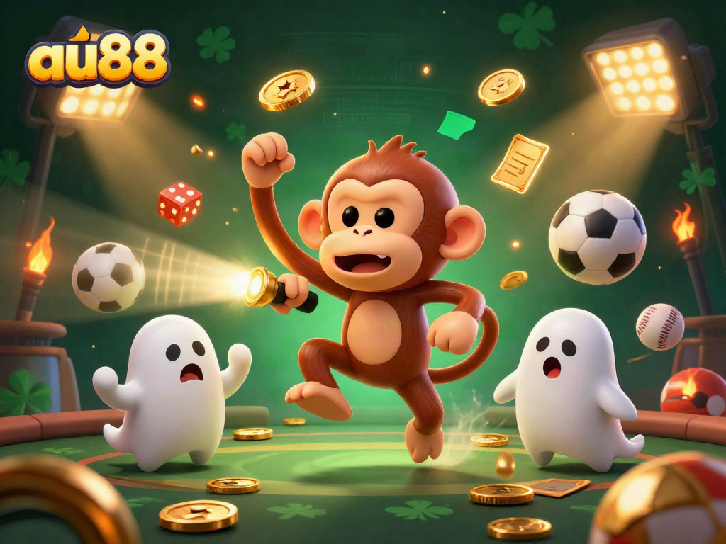 Engage in exciting gaming with au88 in a dynamic haunted casino scene filled with golden juggled elements.