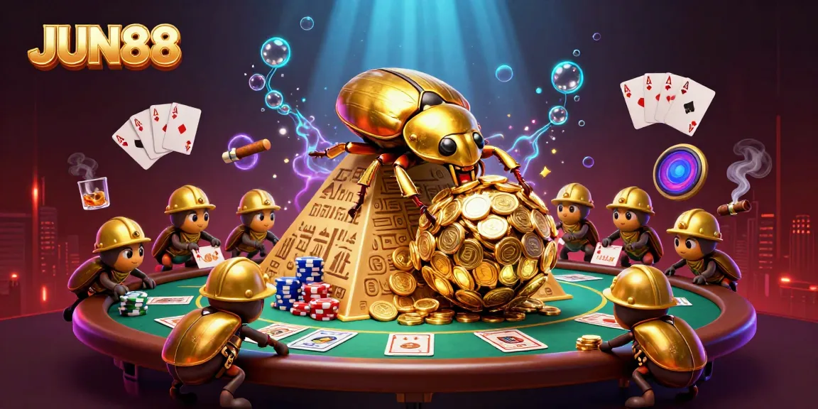 Experience the thrill of JUN88 with vibrant golden beetles and dynamic casino scenes.