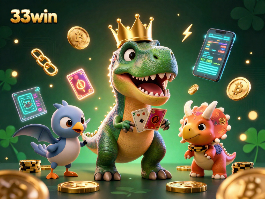 Engage in excitement at 33win with T-Rex dealing cards and dinosaurs stacking chips in a crypto casino.