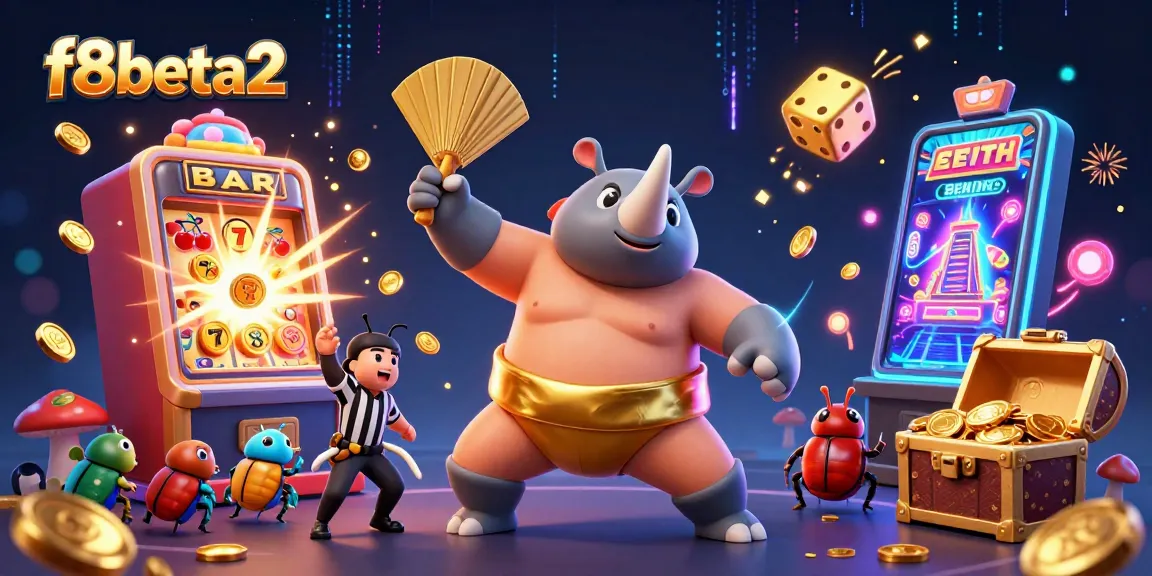 Watch the exciting f8beta2 casino scene with a sumo beetle champion and colorful jackpot elements.
