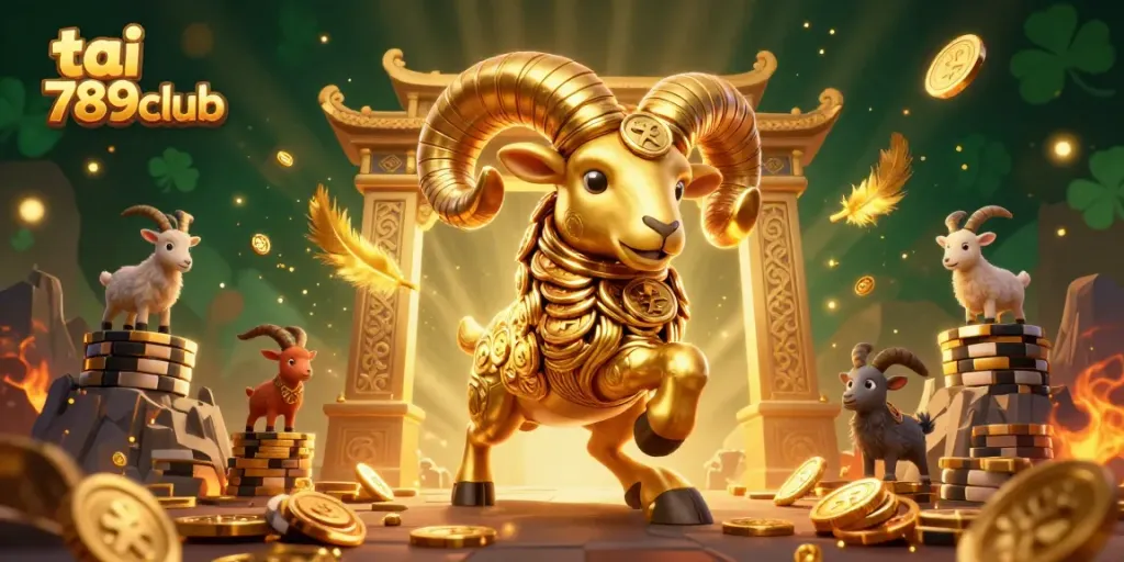 Engaging players with tai 789club through a dynamic golden ram charging at game tokens amidst a vibrant casino atmosphere.