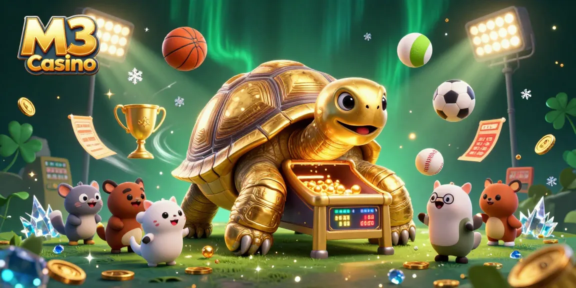 M3 Casino showcases a lively 3D scene with a golden tortoise pinball machine surrounded by dynamic sports elements.