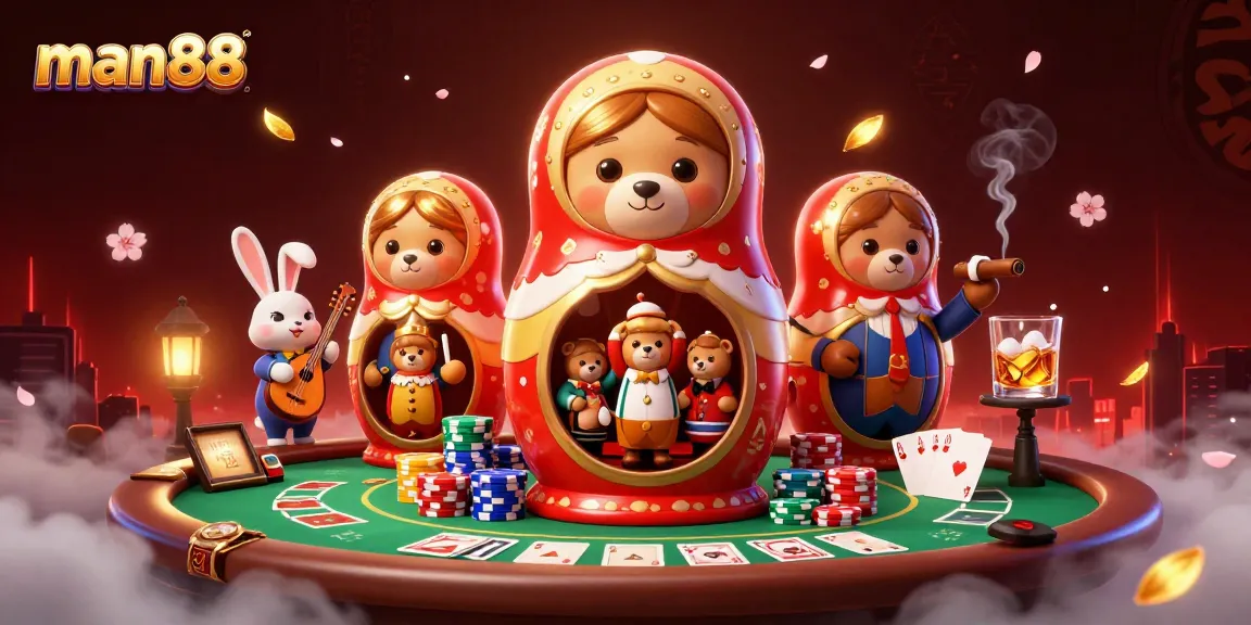 Experience winning strategies with man88 in a vibrant casino scene featuring unique characters and gaming elements.