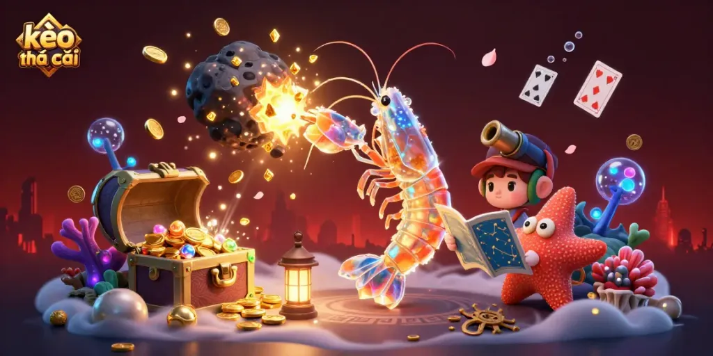 Engaging 3D illustration of kèo nhà cái characters thrillingly interacting with underwater treasures, gems, and cards.