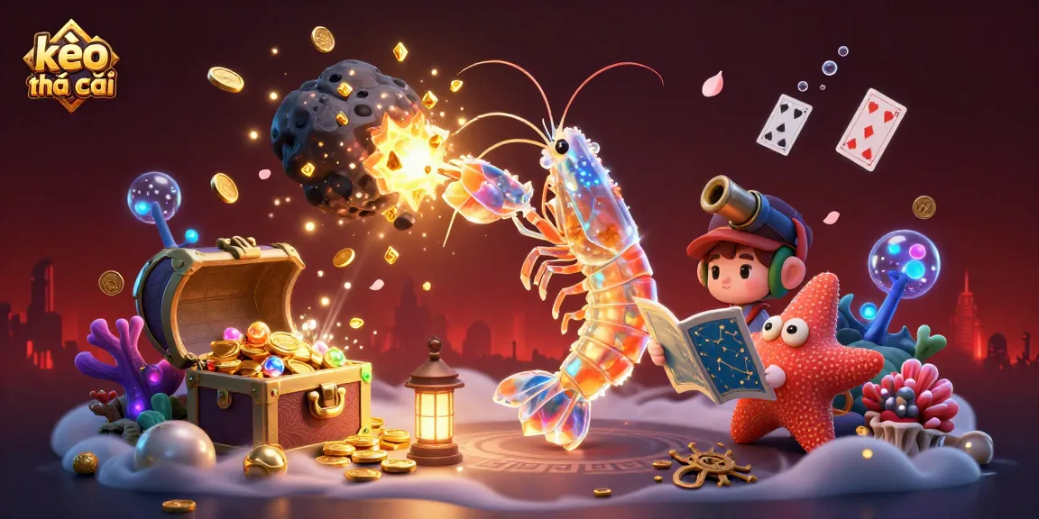 Engaging 3D illustration of kèo nhà cái characters thrillingly interacting with underwater treasures, gems, and cards.