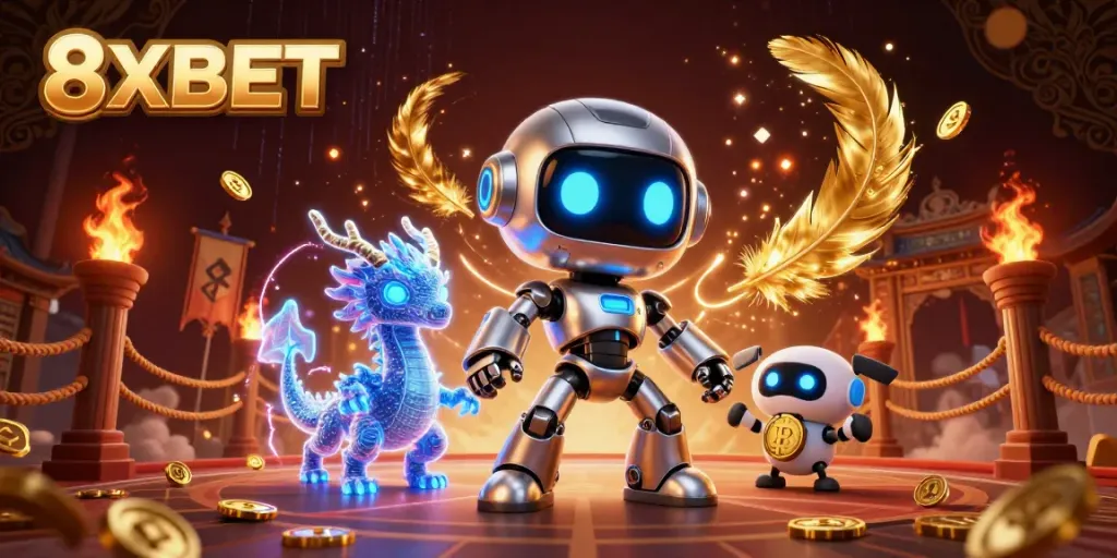 Experience thrilling gaming with 8XBET's vibrant 3D casino illustration featuring a futuristic robot and crypto elements.