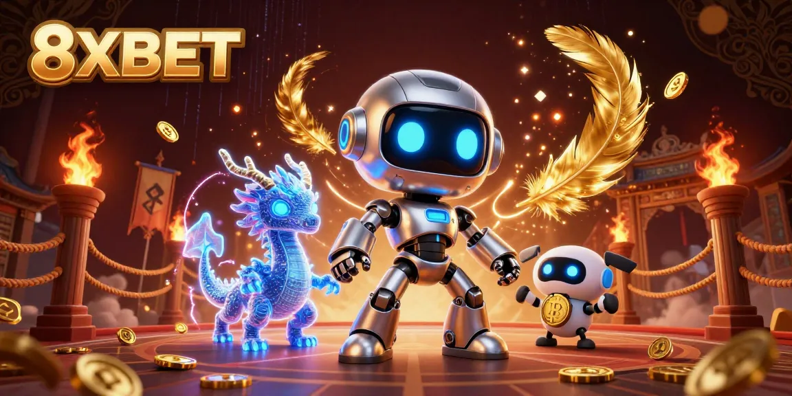 Experience thrilling gaming with 8XBET's vibrant 3D casino illustration featuring a futuristic robot and crypto elements.