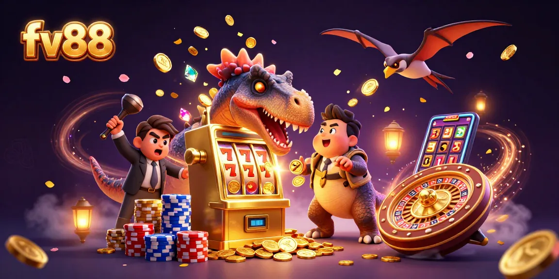 fv88 shines as a pachycephalosaurus wins jackpot coins at a vibrant casino scene
