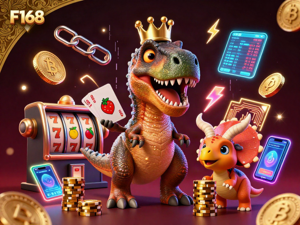 F168 gaming scene with T-Rex shuffling cards, pterodactyl assisting, and triceratops stacking chips.