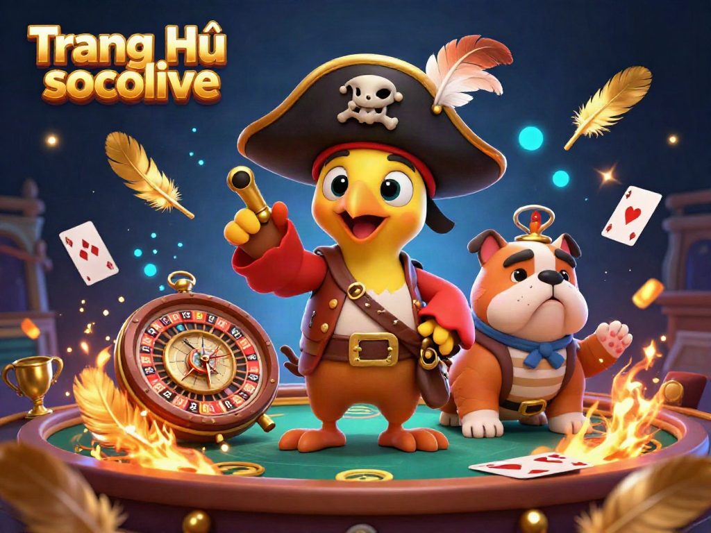 Spectacular gambling scene featuring Trang Chủ socolive with a pirate captain parrot, bulldog, and cat, surrounded by dynamic casino elements.