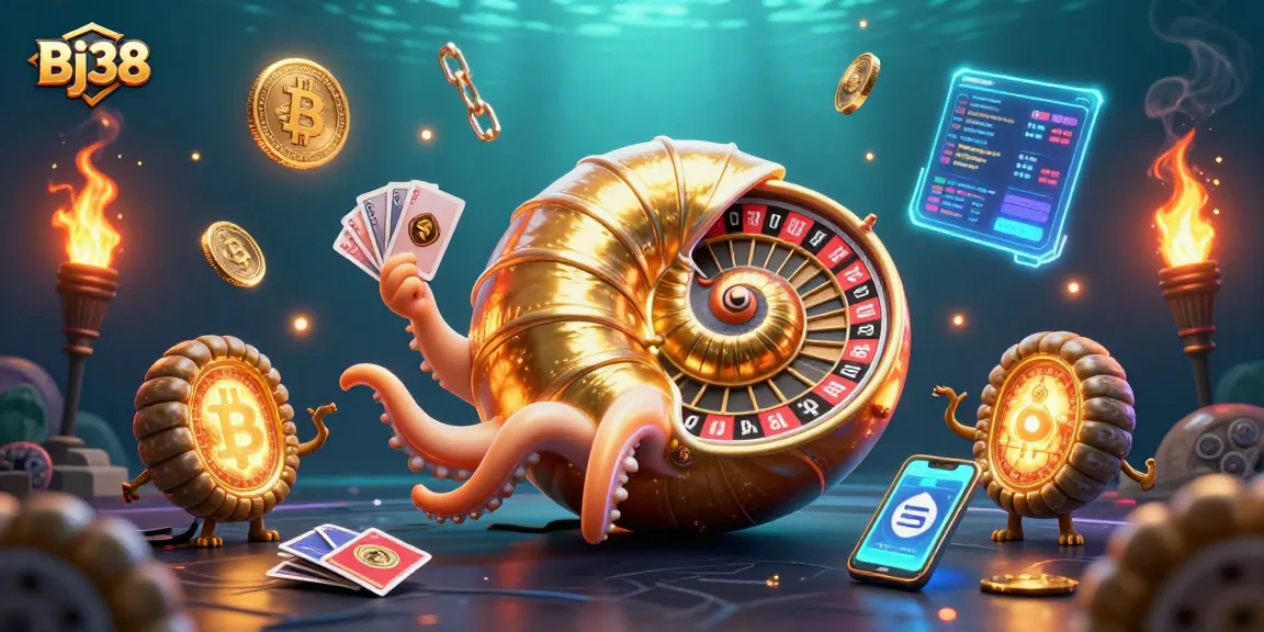 Place bets with Bj38, featuring a giant nautilus roulette wheel, glowing coins, and vibrant casino atmosphere.