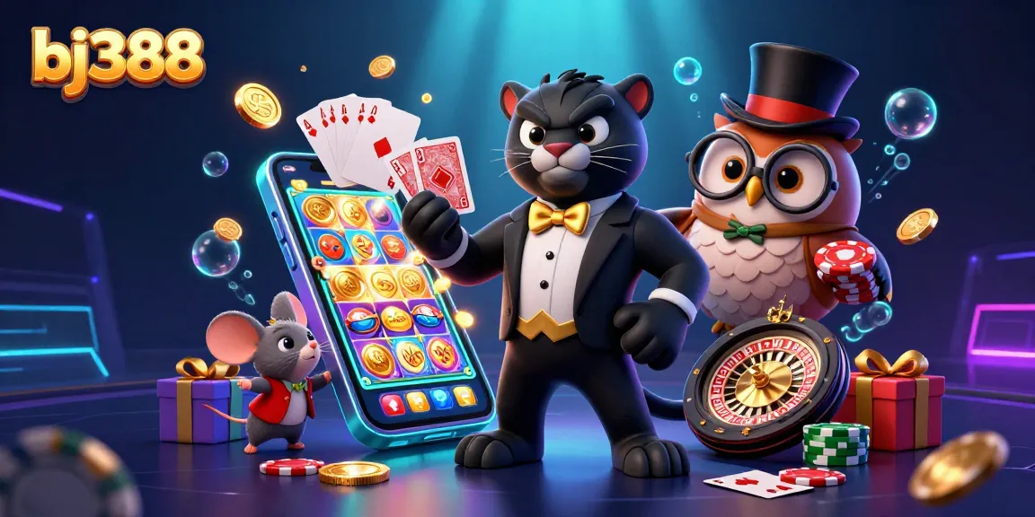 Experience exciting gameplay at bj388 as charismatic characters engage in card games among vibrant casino elements.