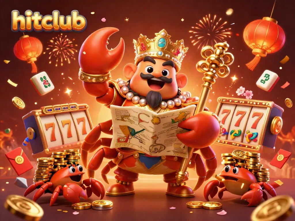 Experience the excitement of hitclub with a golden crab emperor and lively gaming elements in a vibrant casino scene.