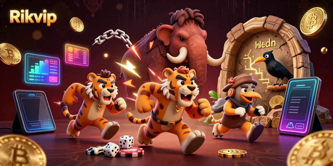 Experience thrilling gameplay at Rikvip with our lively prehistoric casino scene.